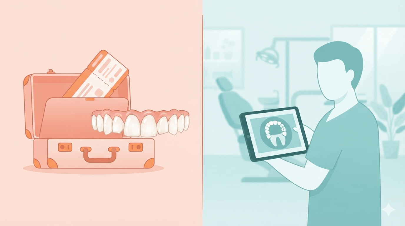 Illustration comparing cheap overseas cosmetic dentistry with affordable specialist dental care in Dubai and JVC