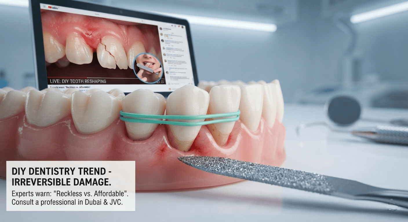 Illustration contrasting viral DIY dental trends with safe specialist dental care in Dubai and JVC