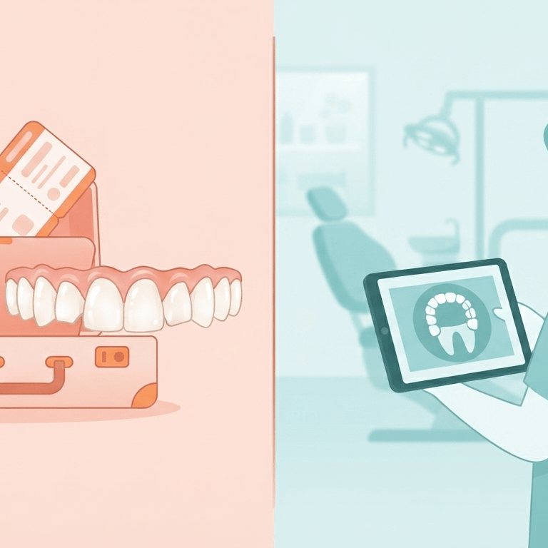 Illustration comparing cheap overseas cosmetic dentistry with affordable specialist dental care in Dubai and JVC