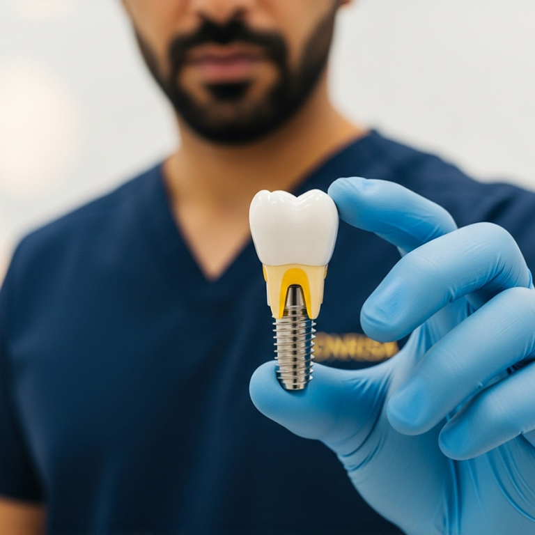 Dentist holding a full crown on an implant fixture