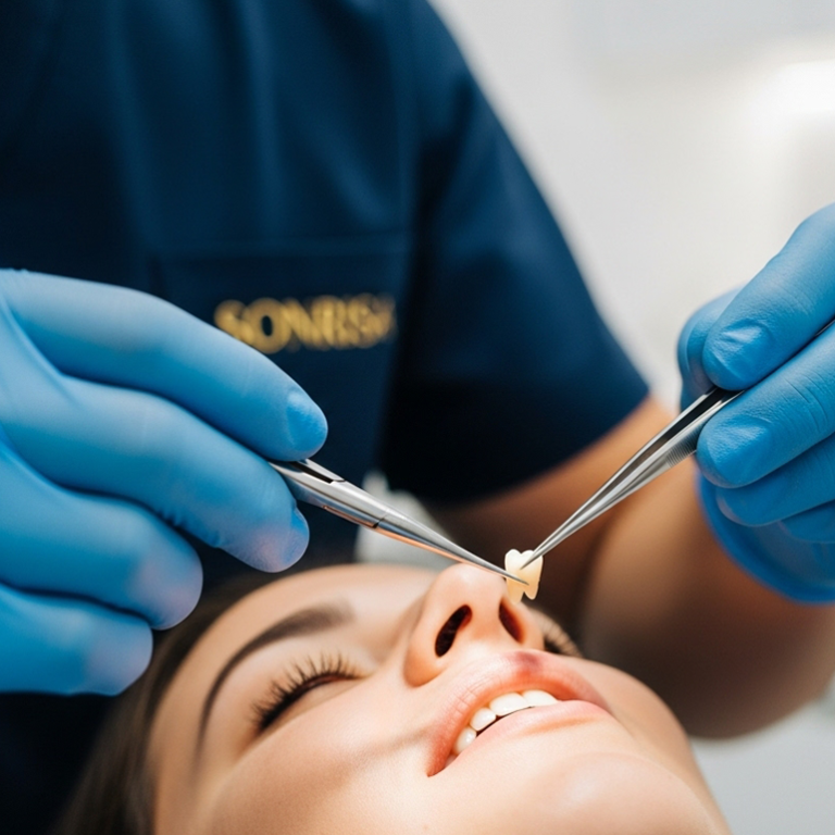 Dentist putting veneers on patient