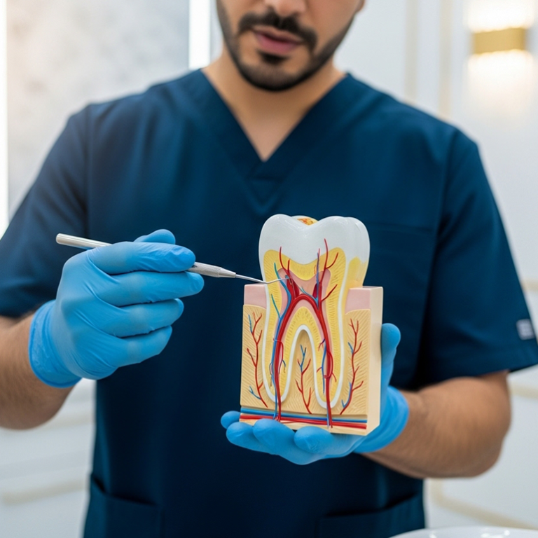 Dentist showing tooth nerves