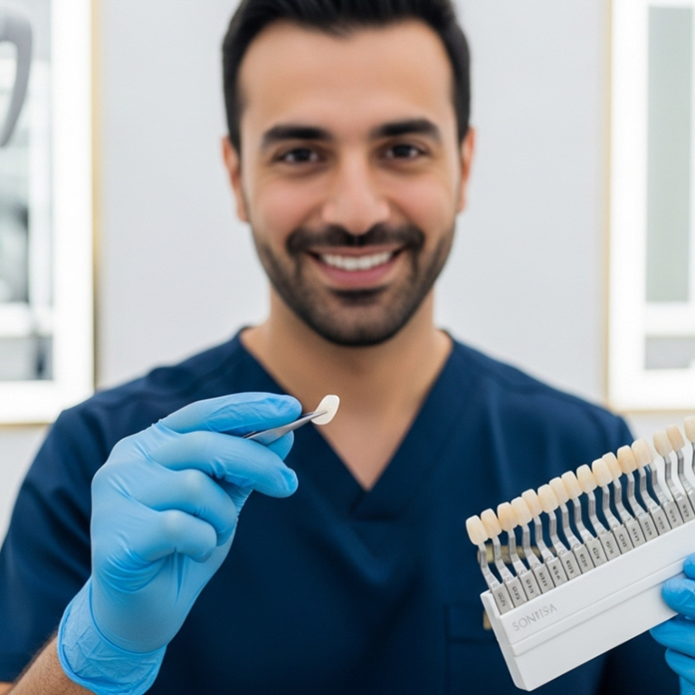 Dentist with veneers coloring grades